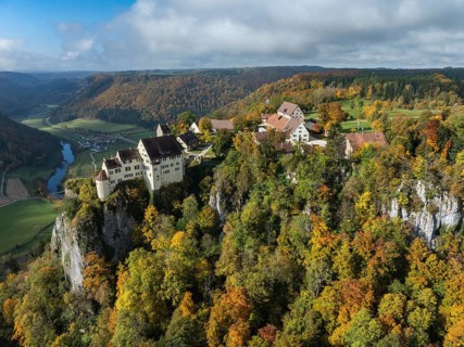 Aerial view of Werenwag Castle and former Werenwag Castle on a rocky spur in the Upper Danube