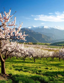 Landscape with a blooming apricot tree, idilyc spring nature, green grass and mountains in