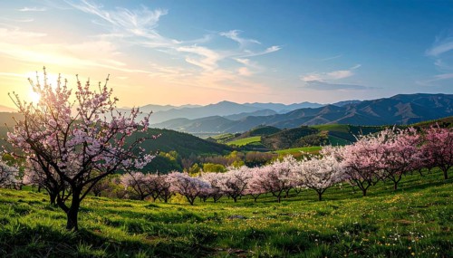 Landscape with a blooming apricot tree, idilyc spring nature, green grass and mountains in