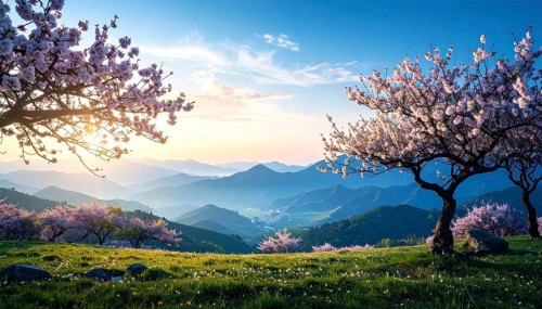 Landscape with a blooming apricot tree, idilyc spring nature, green grass and mountains in