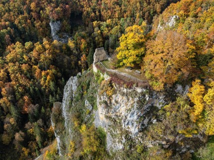 Aerial view of the viewpoint, shovels and Hausen Castle, also known as the Hausen ruins, surrounded