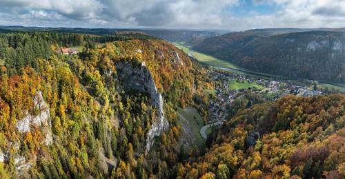 Aerial view, panorama from the viewpoint, shovels and Hausen Castle, also known as the Hausen