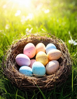 Nest with easter eggs in a basket on grass, sunny spring day, fresh beautiful landscape at
