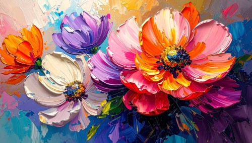 Closeup of abstract rough colorful multicolored organic floral spring flowers art painting texture,