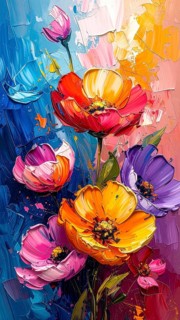 Closeup of abstract rough colorful multicolored organic floral spring flowers art painting texture,