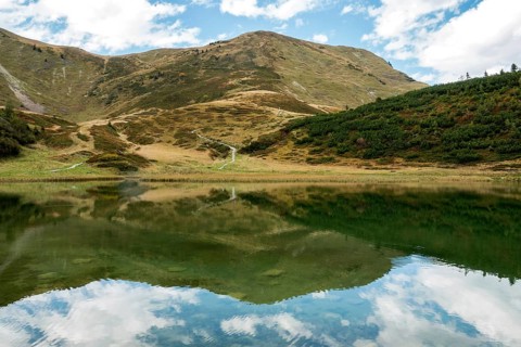 Schlappoldkopf and Söllerkopf are reflected in Schlappoldsee, Fellhorn, Oberstdorf, Oberallgäu,
