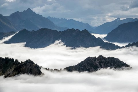 View from the Nebelhorn summit to mountains of the Allgäu Alps, mountains rising from fog in the