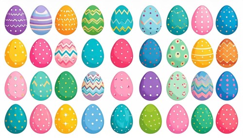 Set of easter eggs flat design on white background, abstract vector wallpaper illustration, banner