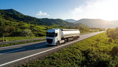 Petrol cargo truck lorry tanker driving on highway hauling oil products at sunrise, wide hilly