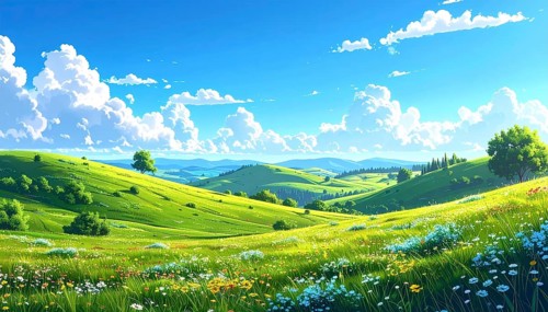 Fresh summer hilly Landscape with blooming Meadow, green plants, Blue Sky with cloudy sky, serene