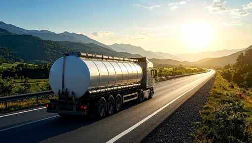 Petrol cargo truck lorry tanker driving on highway hauling oil products at sunrise, wide hilly