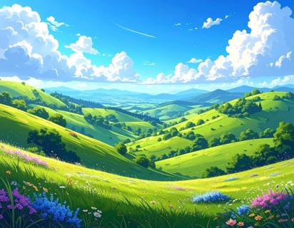 Fresh summer hilly Landscape with blooming Meadow, green plants, Blue Sky with cloudy sky, serene