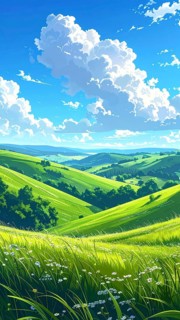 Fresh summer hilly Landscape with blooming Meadow, green plants, Blue Sky with cloudy sky, serene