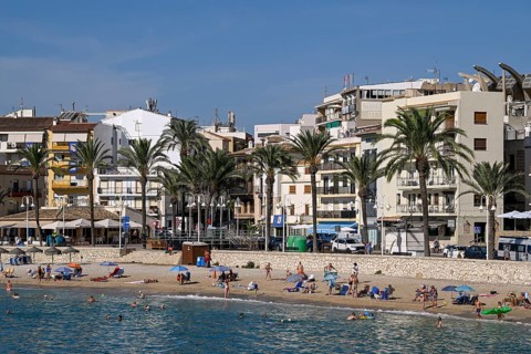 View of the beach and old town of Jávea or Xàbia, Alicante Province, Comunidad Valenciana, Spain
