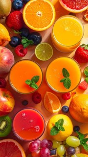 Fresh fruit juices in glasses, surrounded by colorful fruits, showcasing healthy drinking and