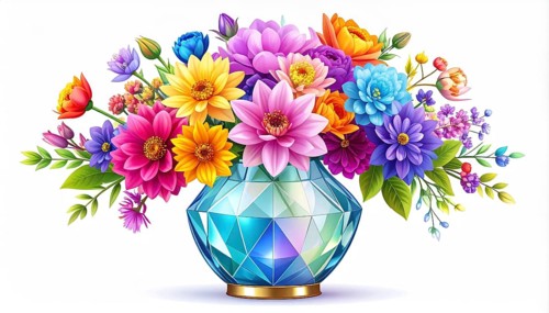 Crystal glass vase with vibrant blooming flowers, vibrant vector drawing illustration for fresh