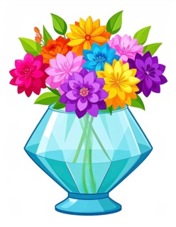 Crystal glass vase with vibrant blooming flowers, vibrant vector drawing illustration for fresh