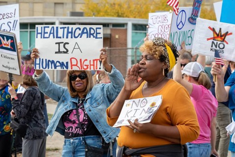 Detroit, Michigan USA - 18 October 2025 - Protesters from Detroit and Grosse Pointe gathered on the