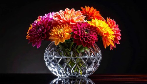 Crystal glass vase with vibrant blooming flowers, fresh spring and summer concept, AI generated