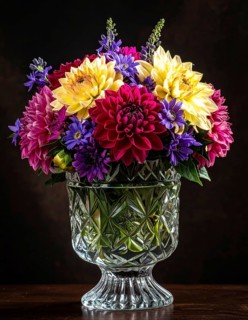 Crystal glass vase with vibrant blooming flowers, fresh spring and summer concept, AI generated