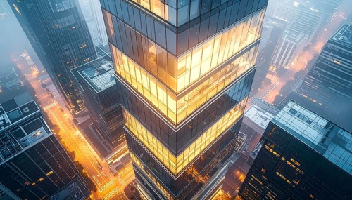 Modern building reflecting sunset light at dusk. Abstract Futuristic Business Background, AI