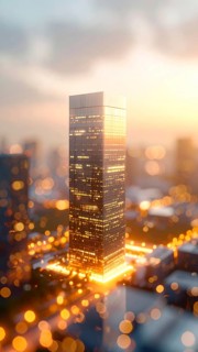 Modern building reflecting sunset light at dusk. Abstract Futuristic Business Background, AI