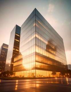 Modern building reflecting sunset light at dusk. Abstract Futuristic Business Background, AI