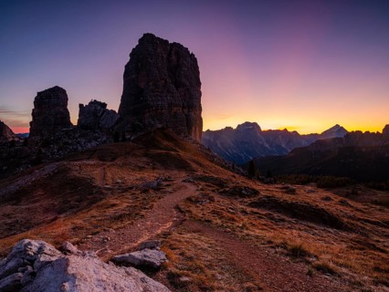Five towers, Cinque Torri at dawn, climbing rocks, Dolomites, Alps, Belluno province, Veneto