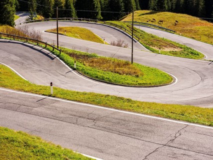 Pass road with many hairpin curves, Dolomite Road, Passo Pordoi, Dolomites, Alps, Belluno province,