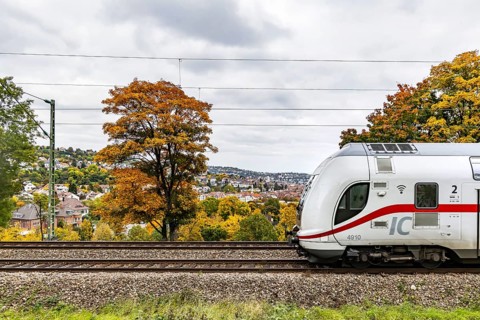 InterCity operated by Deutsche Bahn AG on the road between Stuttgart and Singen. The panoramic