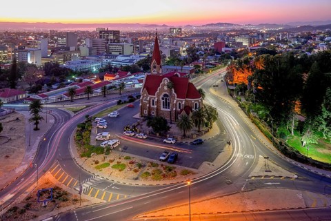 View of the Evangelical Lutheran Christ Church from 1910, blue hour, Windhoek, Khomas region,