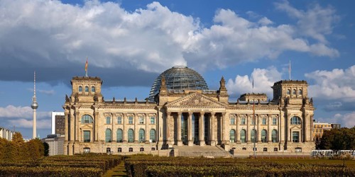 Reichstag, German Bundestag, Republic Square with Berlin TV Tower in the background, Berlin,