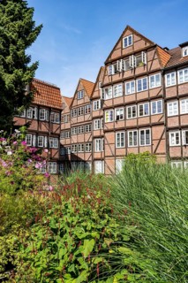 Facades of the historic brick buildings, inner courtyard, view over the city, Peterstraße,
