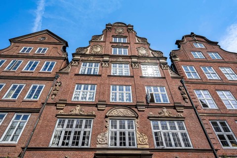 Facades of the historic brick buildings in Peterstraße, Komponistenviertel, Neustadt, Hamburg,