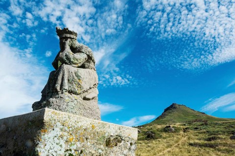 Statue of Virgin Mary. Roc de Courlande in Auvergne Volcanoes Regional Park. Puy de Dome. Auvergne