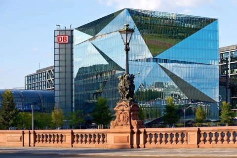 Historic Moltkebrücke with modern Cube Berlin, cube-shaped office building with glass façade