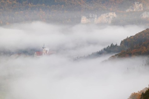 View of Benedictine monastery Beuron, Archabbey of St. Martin, limestone rock, rock face, mixed