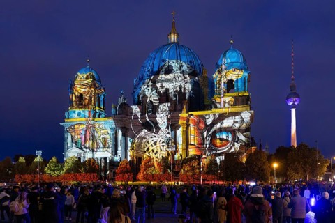 Berlin Cathedral with television tower, 21st BERLIN FESTIVAL OF LIGHTS, motto Let's Shine Together,