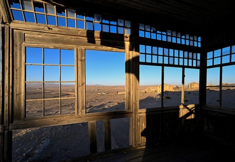 View from a former dwelling house into the desert, Kolmanskop, restricted diamond area, Karas