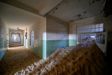 Former hospital full of sand, Kolmanskop, restricted diamond area, Karas region, Namibia
