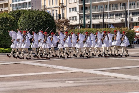 The traditional changing of the guard of the Evzones in front of the Greek Parliament in the Greek