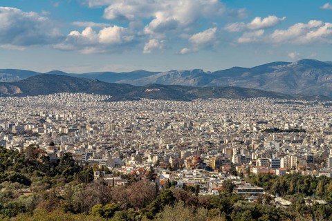 View from Philopappos Hill over the sea of houses in the Greek capital Athens, Greece