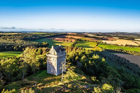 Fatlips Castle from a drone, Minto Crags, River Teviot, Roxburghshire, Scottish Borders, Scotland,