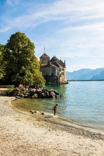 Bathing beach, Château de Chillon, Chillon Castle, near Montreux, Lake Geneva, Lac Léman, Canton