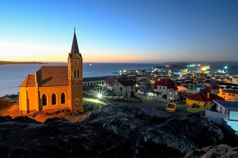 View of the rock church from 1912, blue hour, Lüderitz, Karas Region, Namibia