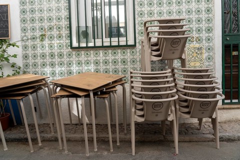 Restaurant furniture, for outdoor catering, tables, chairs, stacked, day off, catering closed, old