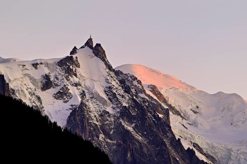From left snow-covered Aiguille du Midi, Mont-Blanc, Vallot Hut, Chamonix-Mont-Blanc, Haute-Savoie,