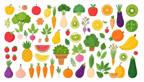 Spring and summer fruit and vegetable element set, vector illustration, AI generated