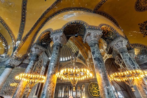 Columns in the interior of today's Hagia Sophia mosque or Church of St Sophia, former Byzantine