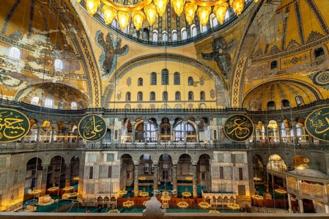 Interior of today's Hagia Sophia mosque or Church of St Sophia, former Byzantine church and museum